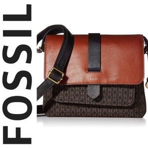 Fossil cowhide leather crossbody bag logo Jacquard